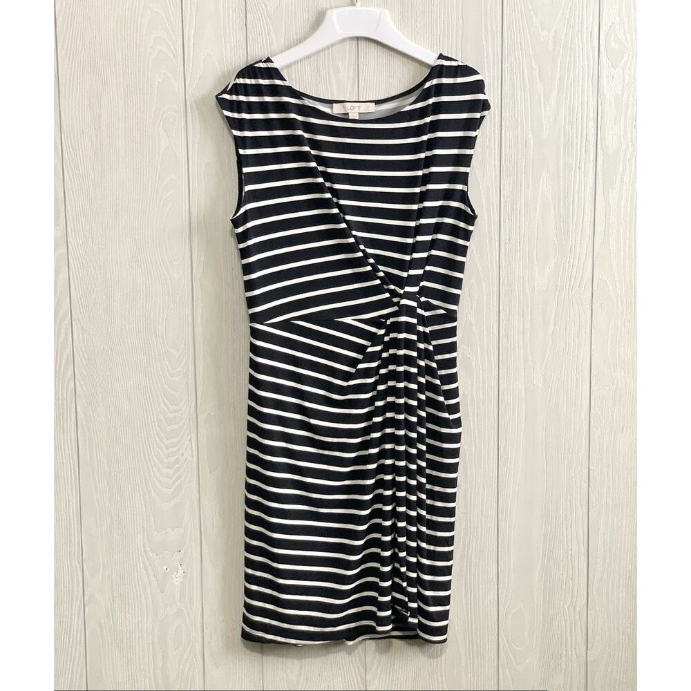 LOFT Black White Stripe Short Sleeve Dress Medium